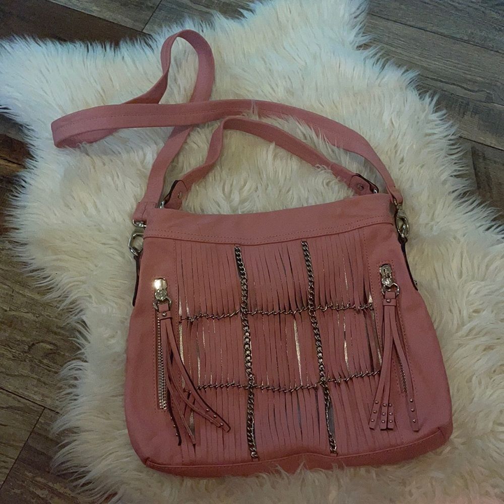B. Makowsky Alexis Pink Fringe Leather Shoulder Crossbody Bag
